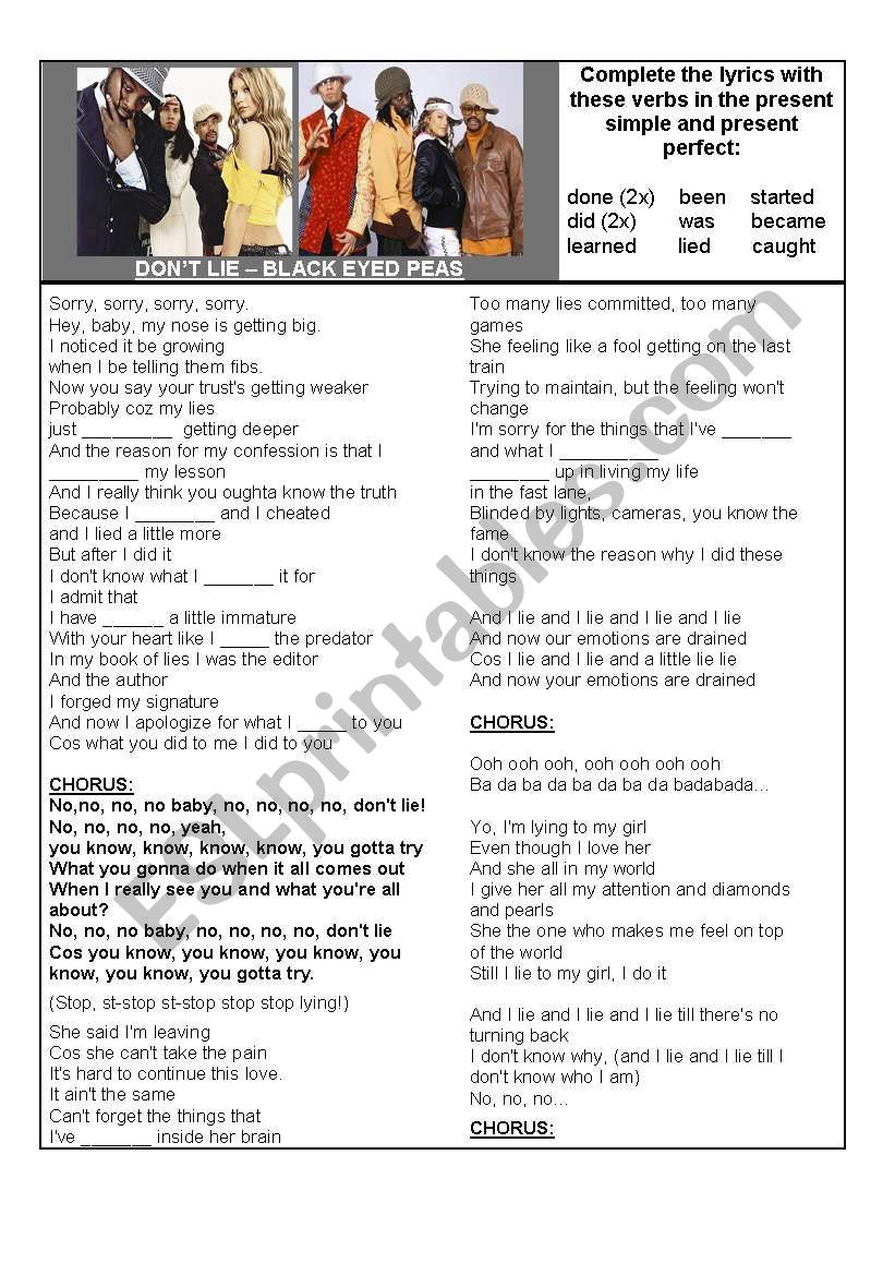 DonÂ´t Lie - Black Eyed Peas worksheet