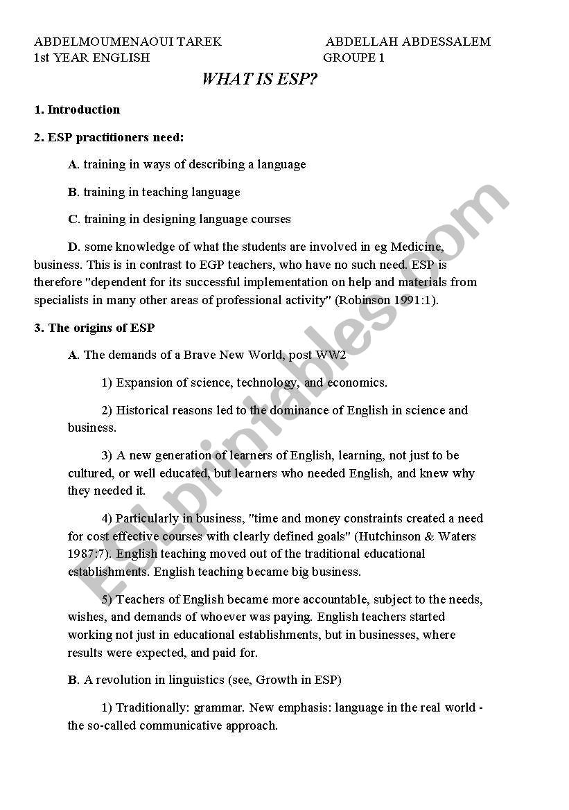 what is esp ? worksheet