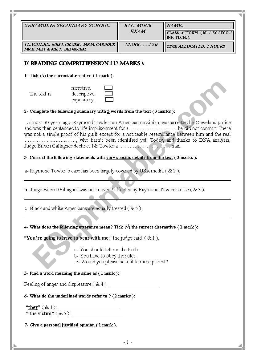 Bac Mock Exam 4th form ( Maths ), Tunisia.