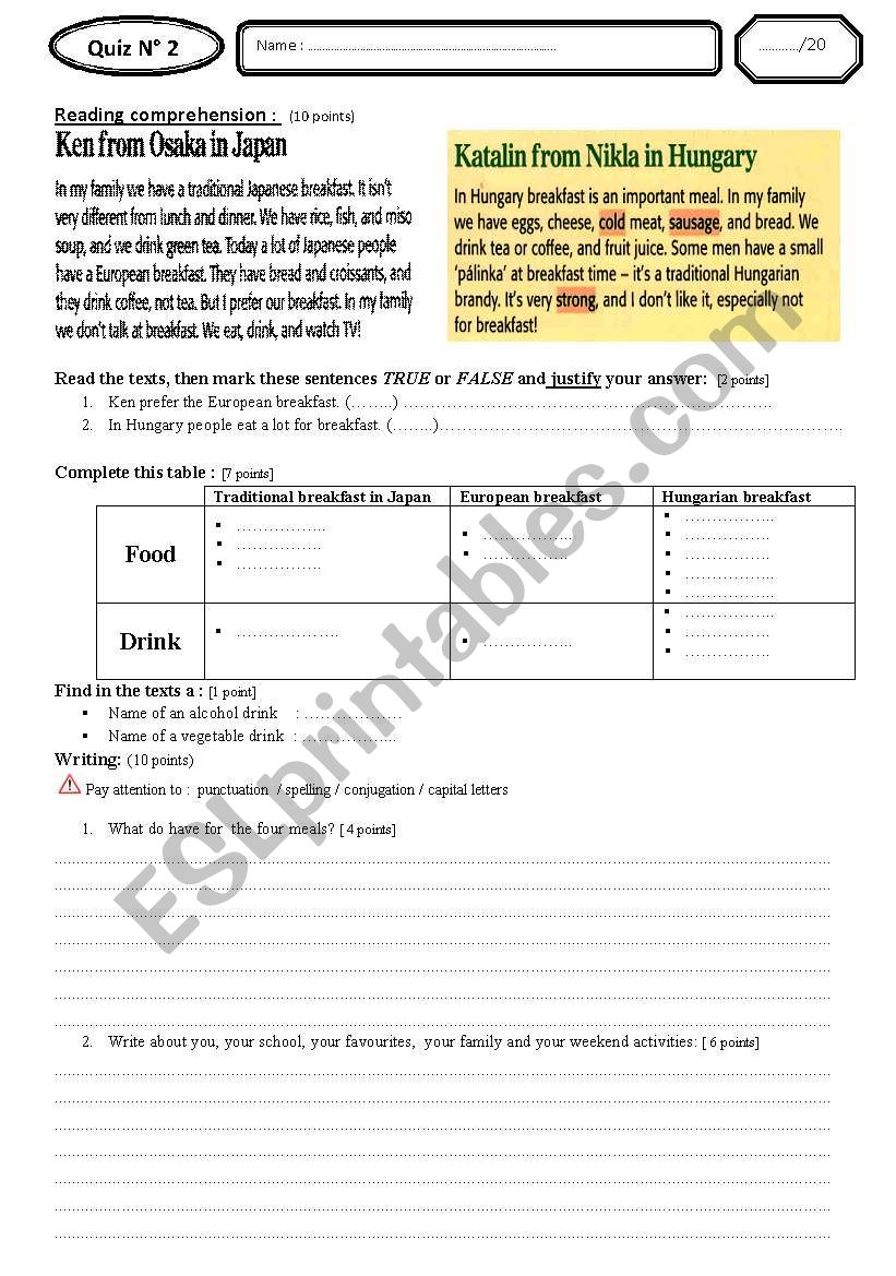 Reading and writing quiz worksheet