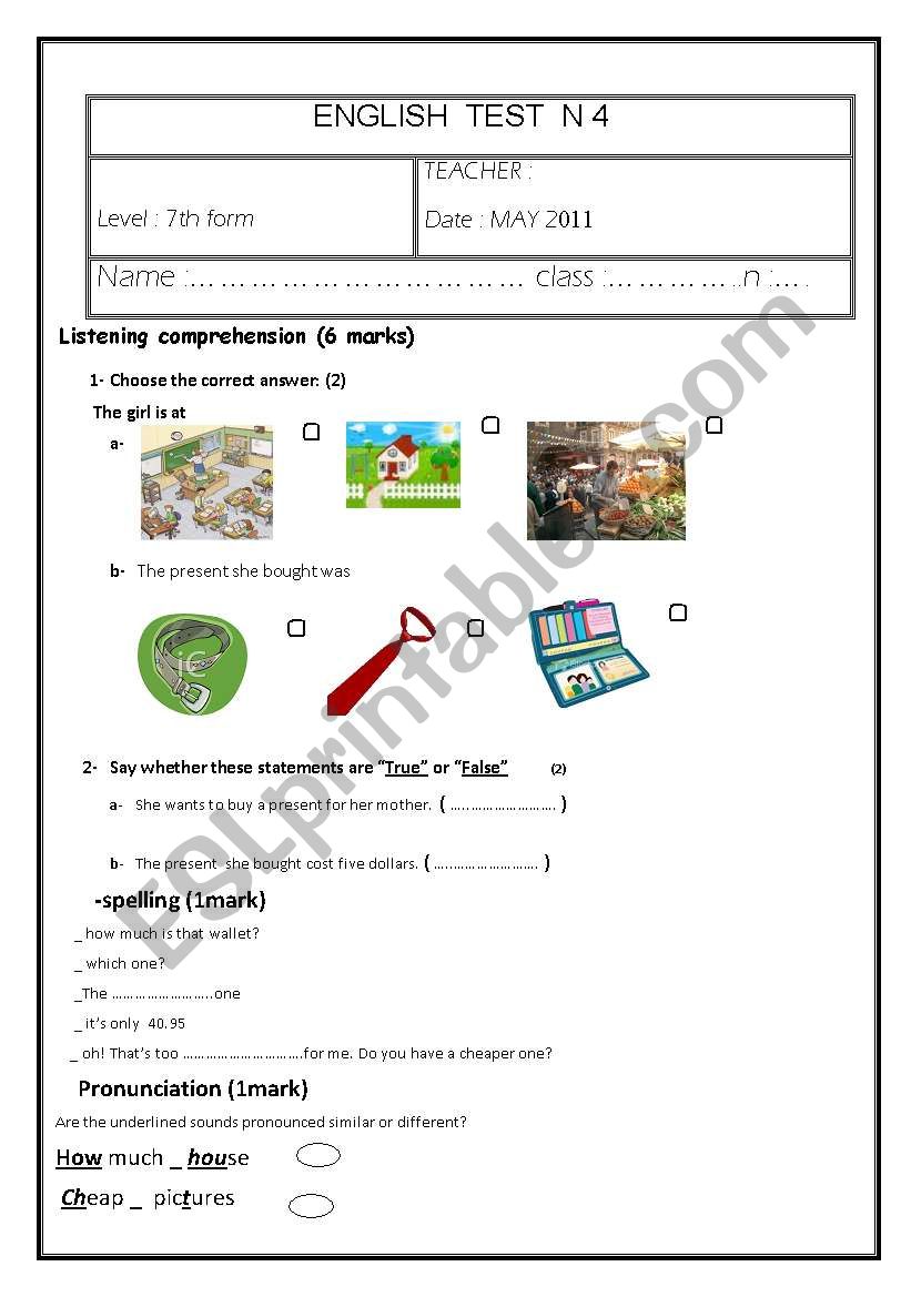 TEST ( 7th form) worksheet