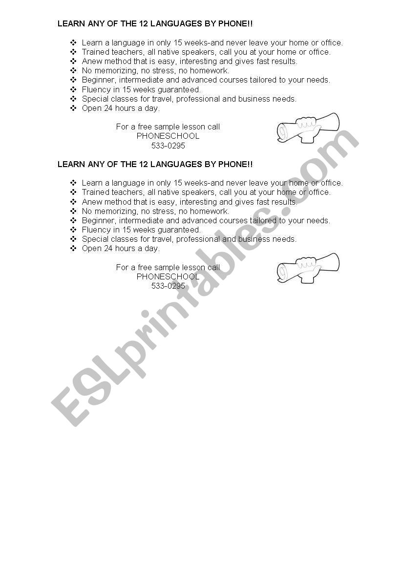 Learn any language by phone worksheet