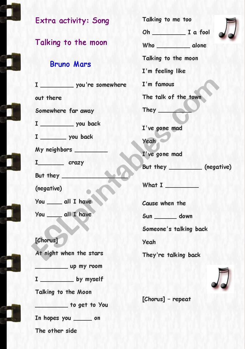 Filling in activity - Song : Talking to the moon (Bruno Mars)  - With answer key