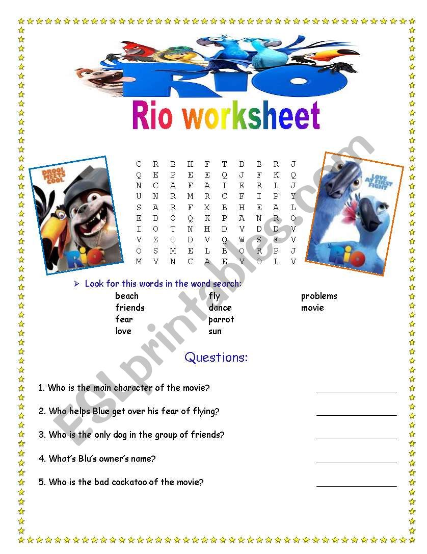 Rio the movie-worksheet (Game and comprehension questions)
