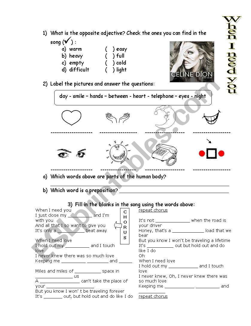 When I need you - CÃ©line Dion song with exercises and answer key