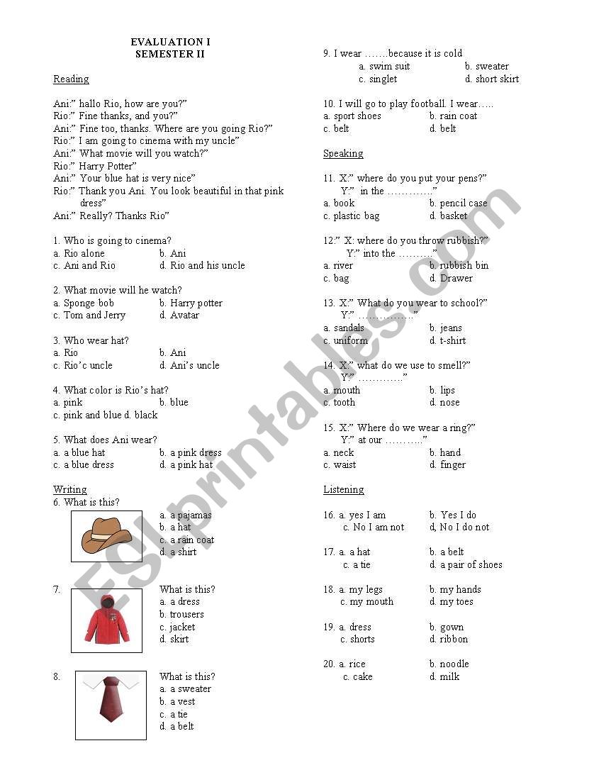 English Evaluation worksheet