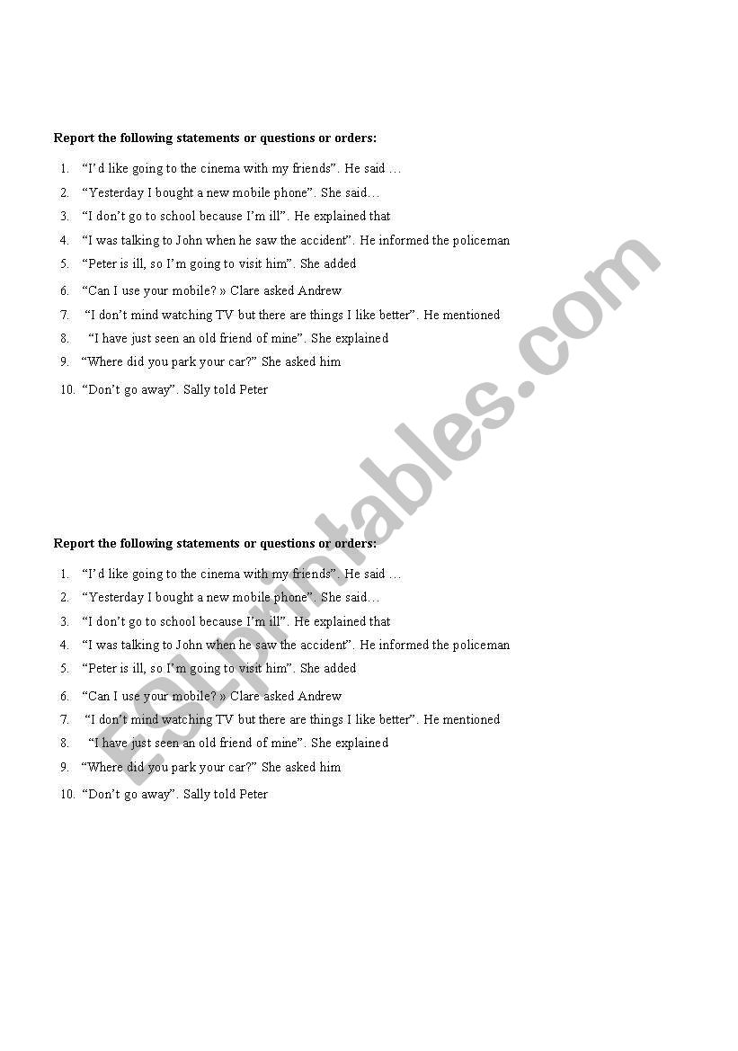 reported speech worksheet