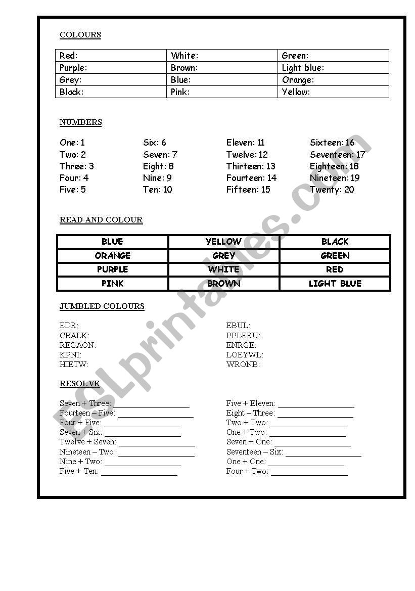 colours and numbers worksheet
