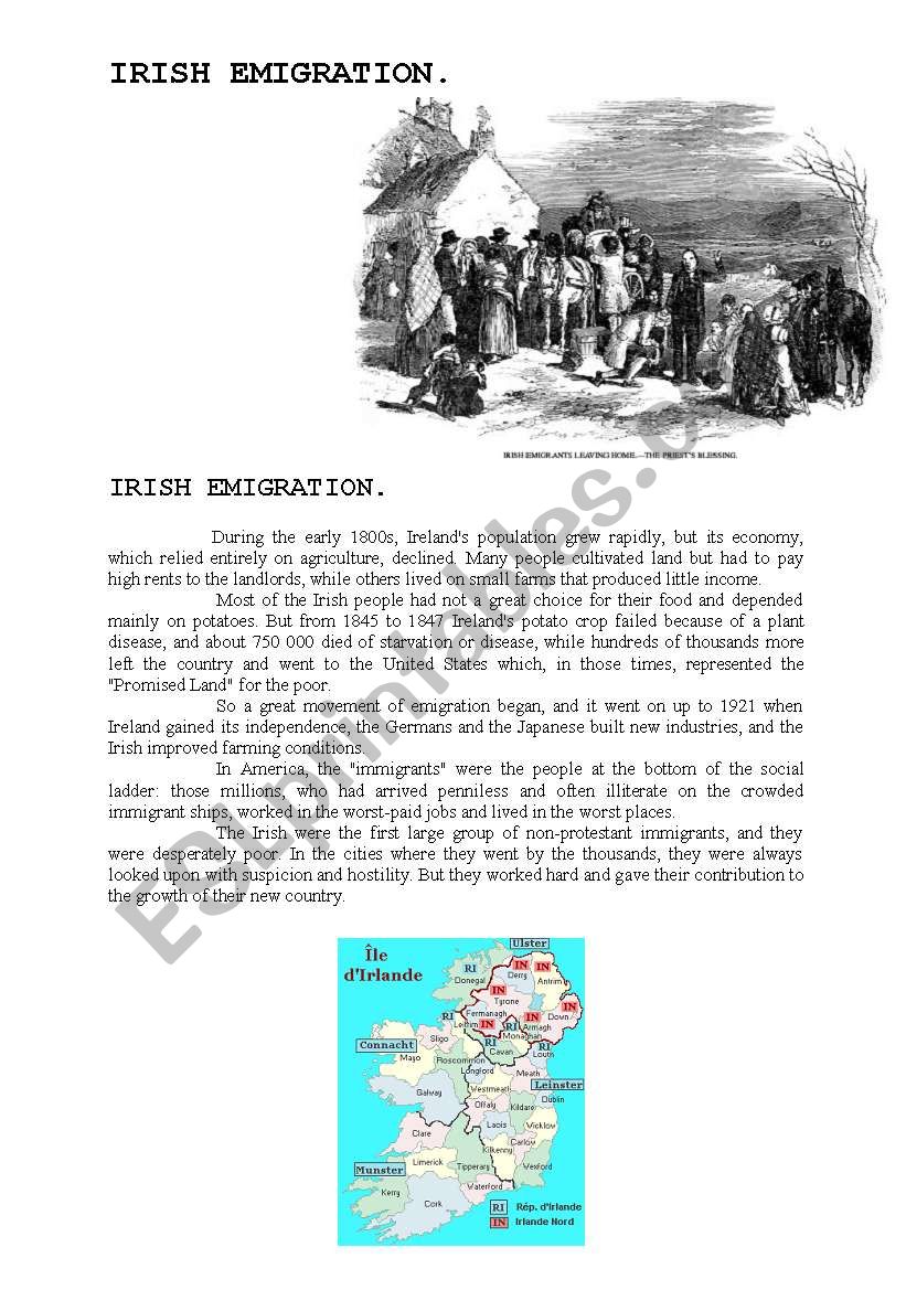 Irish Emigrtion worksheet