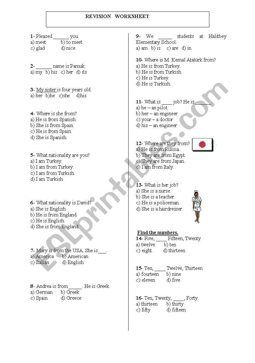 revision test worksheet