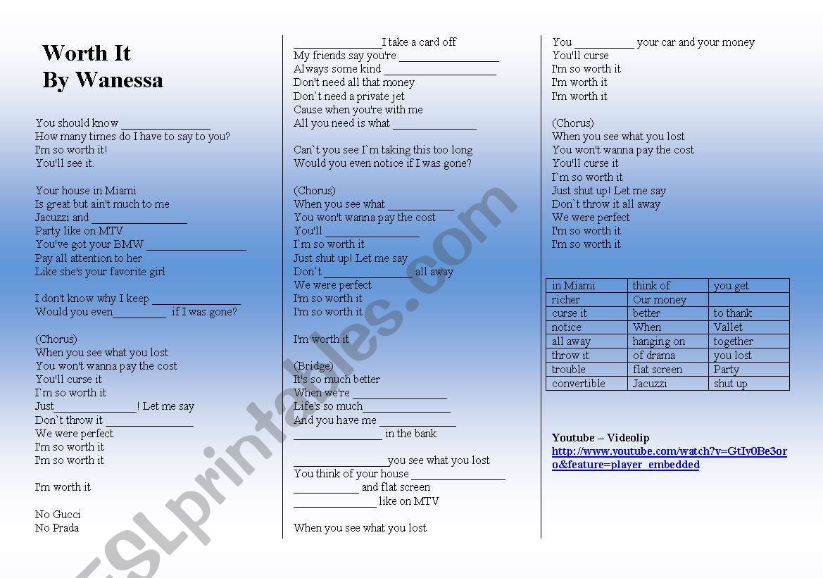 SONG: WORTH IT - WANESSA worksheet