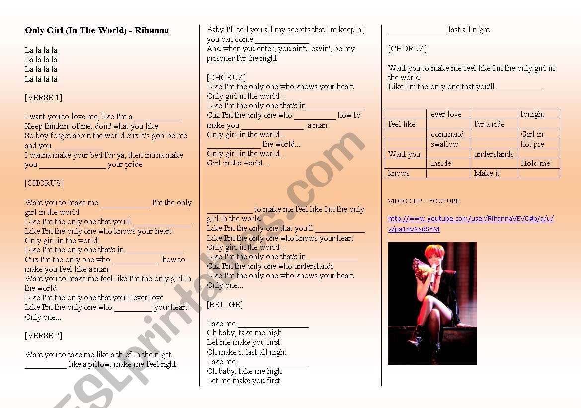 SONG: ONLY GIRL - RIHANNA worksheet