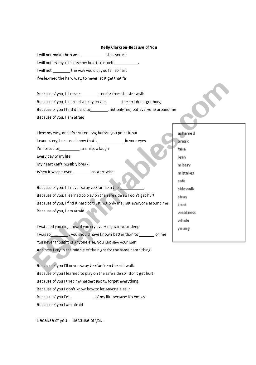 Kelly Clarkson - Because of You worksheet