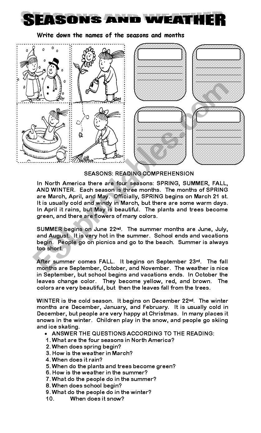 SEASONS READING COMPREHENSION worksheet