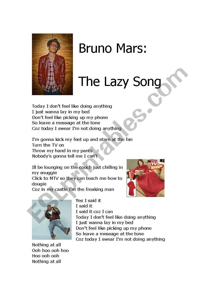 Lazy Song by Bruno Mars worksheet
