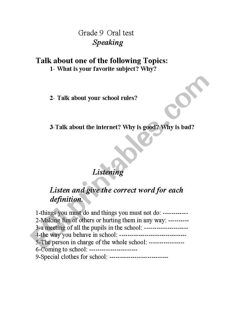 speaking test worksheet