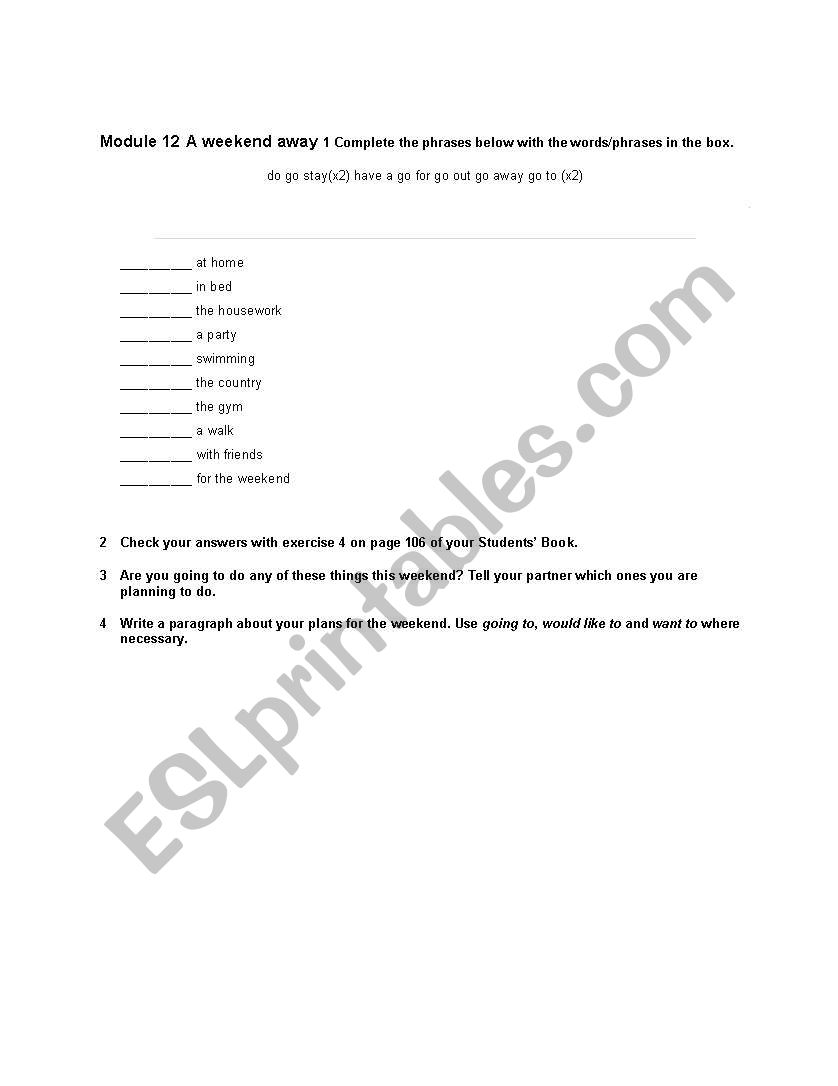 A weekend away worksheet