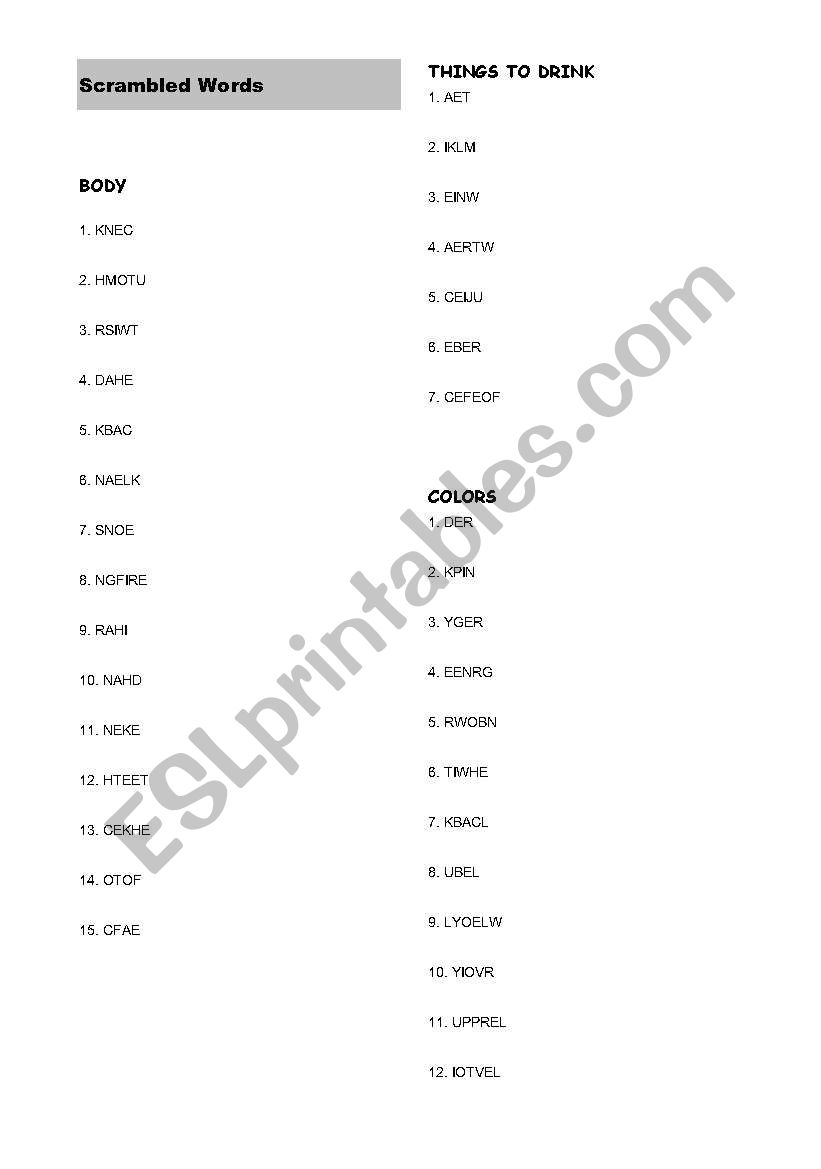 scramble words worksheet