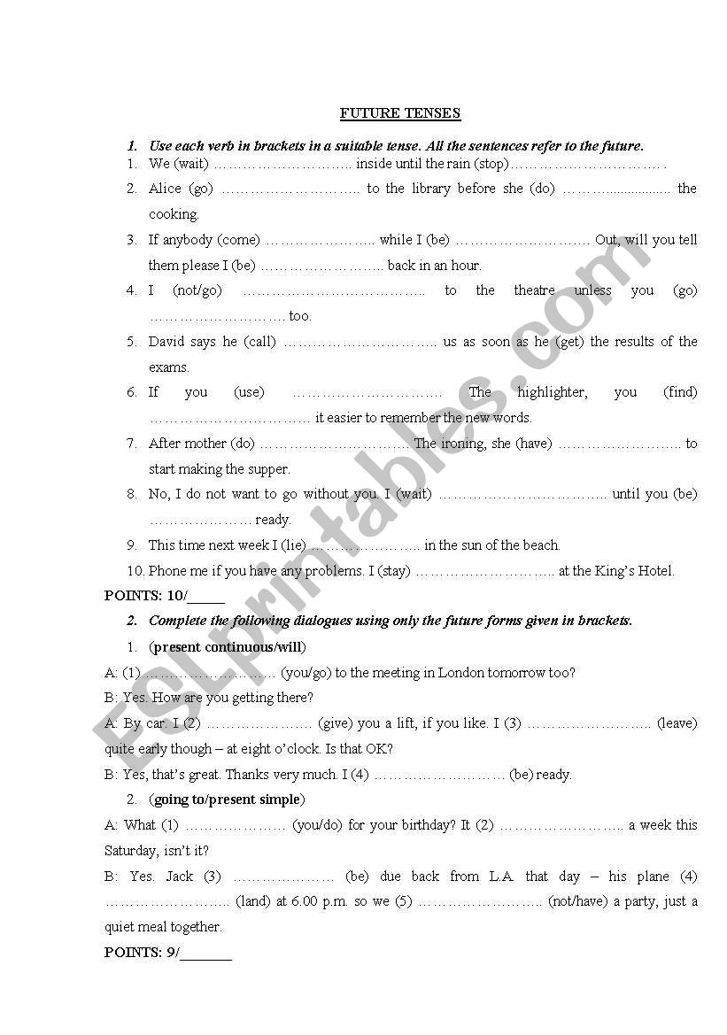 Future tenses worksheet