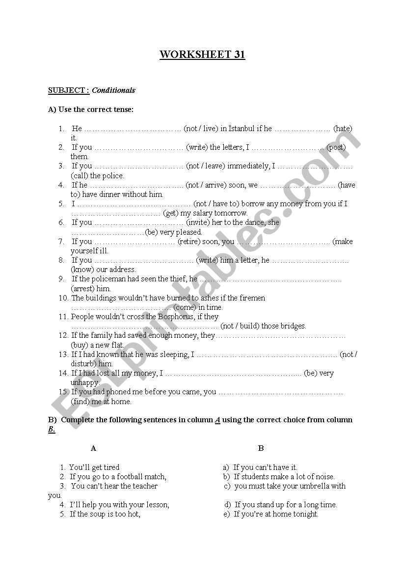 conditionals worksheet worksheet