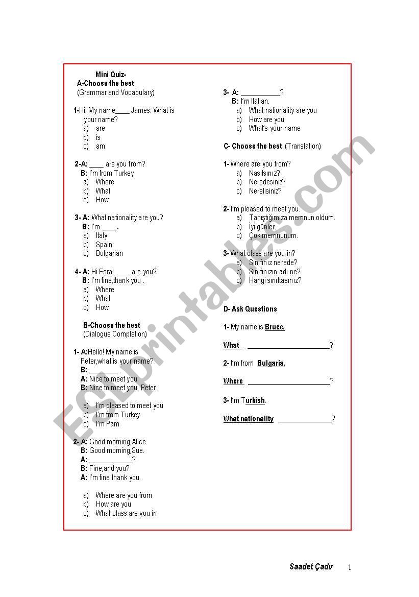 Quiz for 4grade worksheet