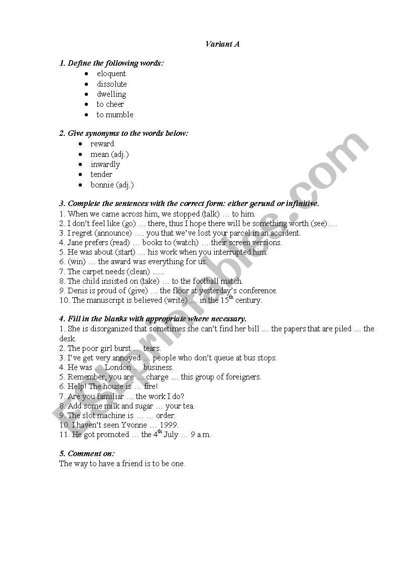 Test Paper worksheet