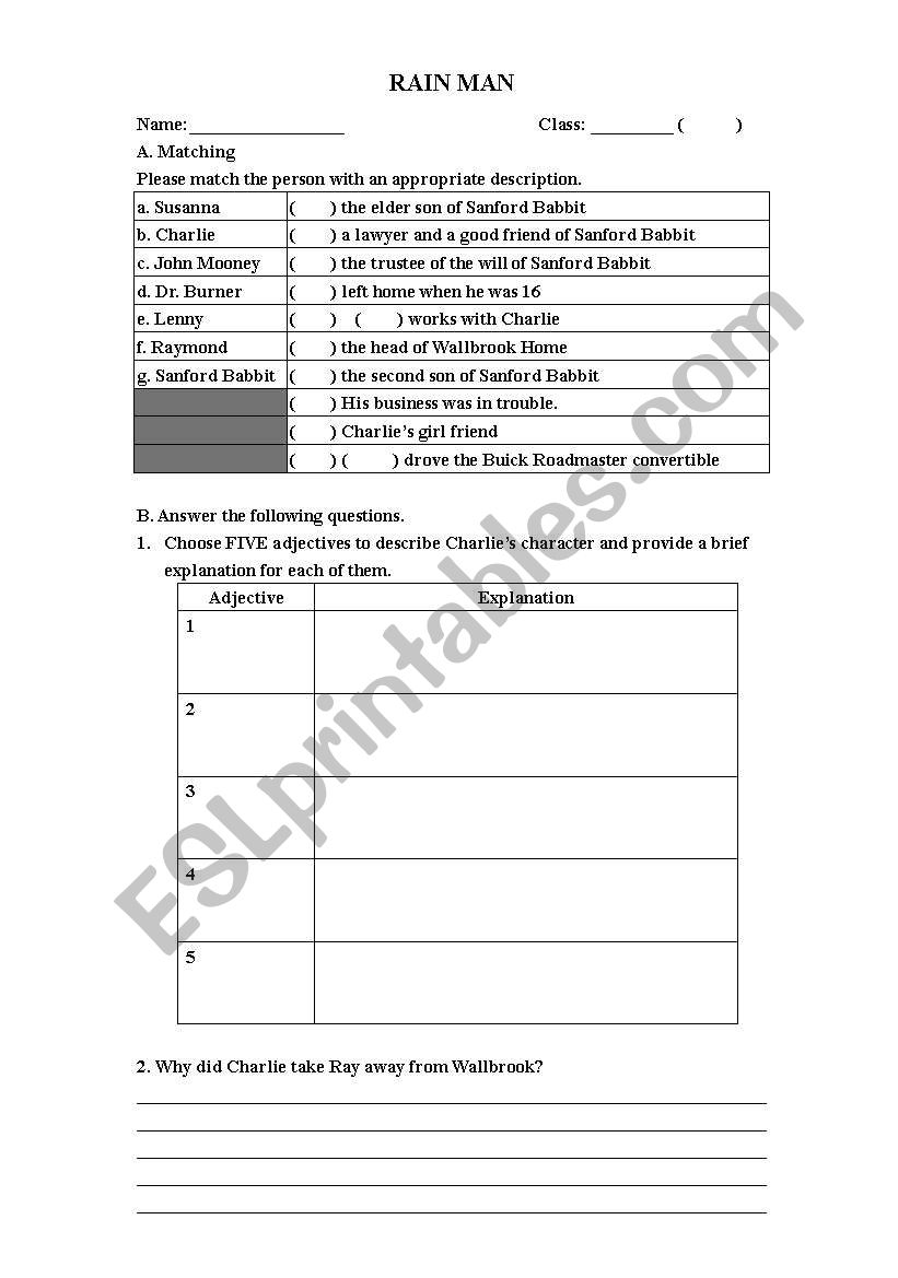 Rainman  worksheet