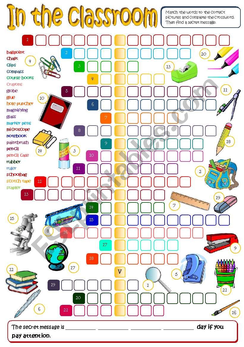 In the classroom - school supplies (B&W + KEY included)