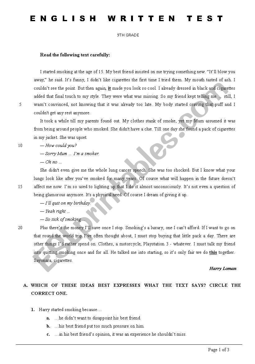 9th Grade Test - Smoking worksheet