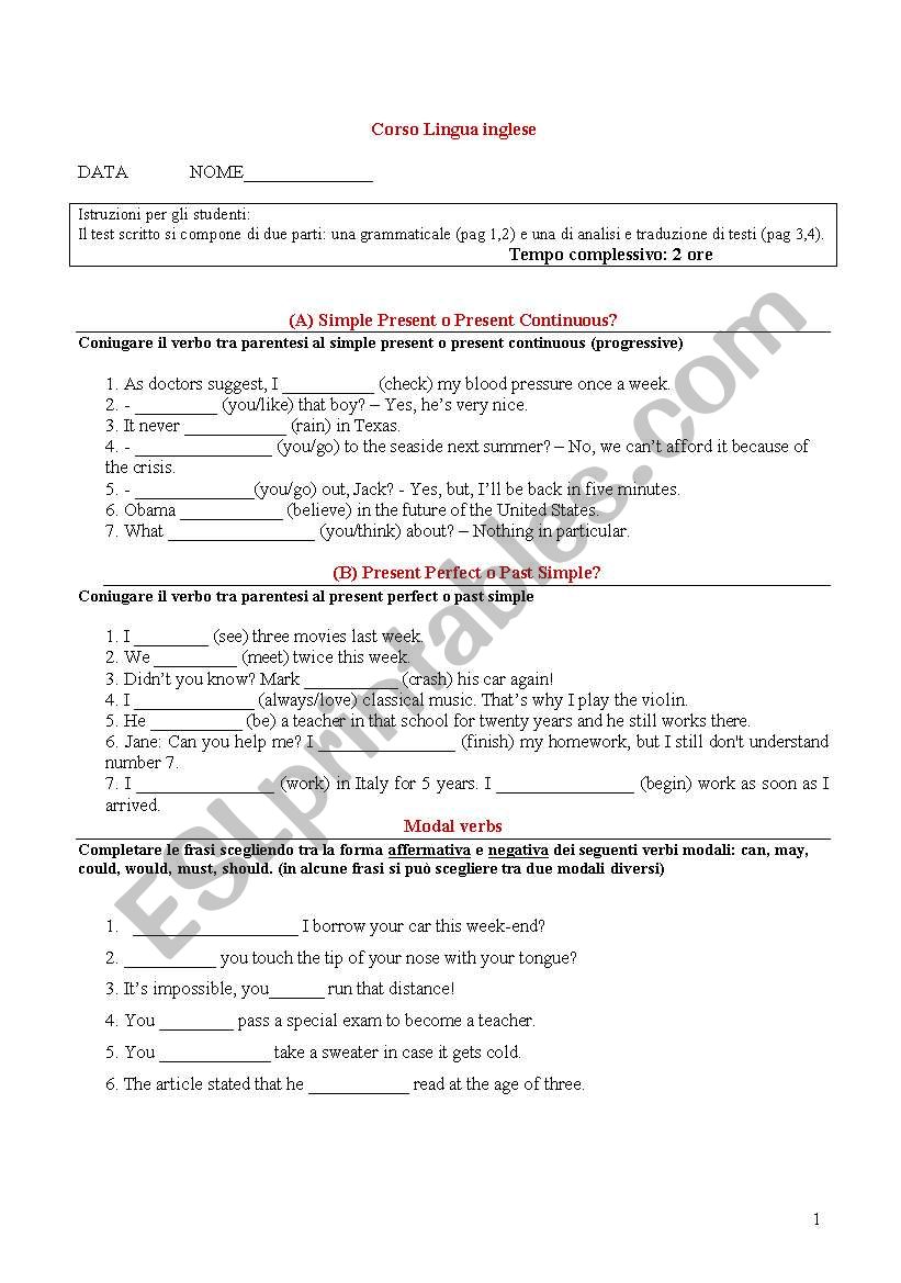 English test worksheet