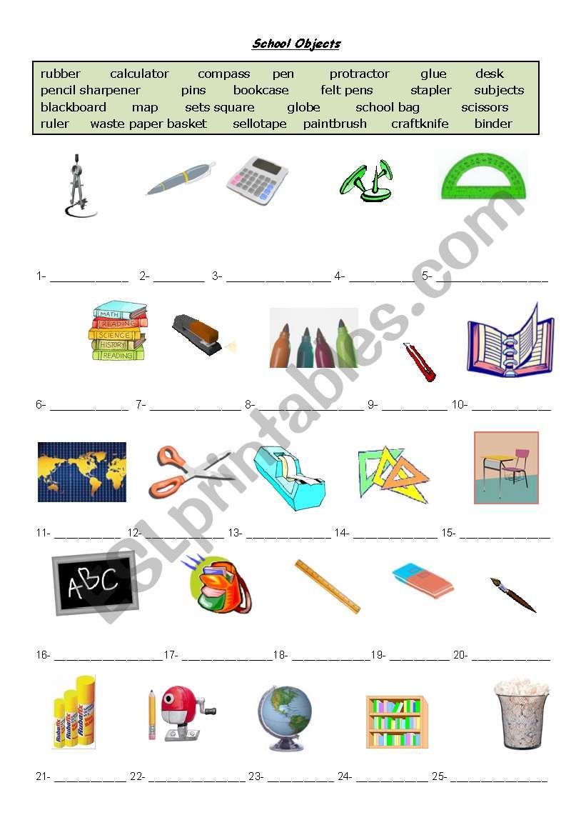 school objects worksheet