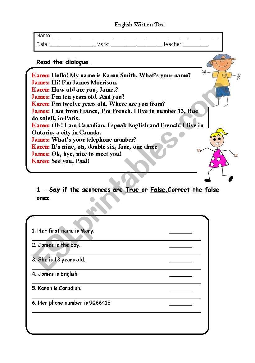 written test on personal identification, colours, countries, nationalities, verbs Have got and To Be