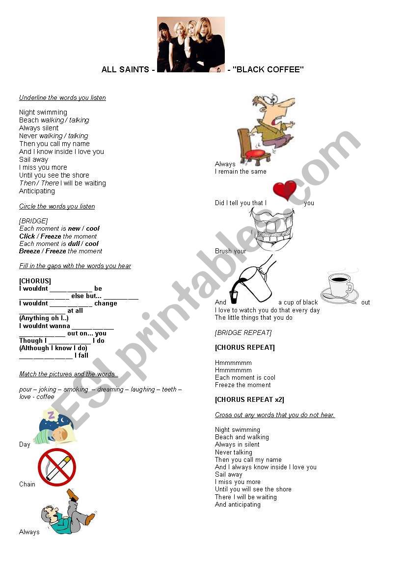 all saints black coffee song worksheet