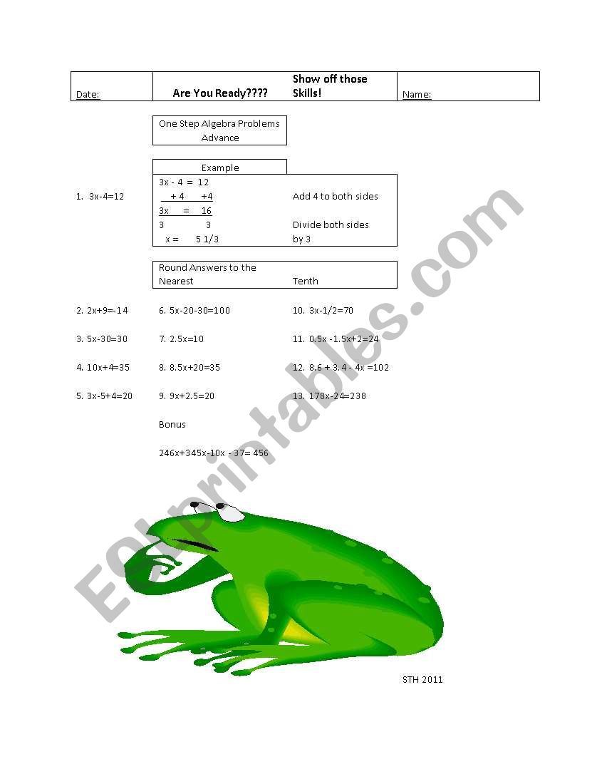 One Step Advance worksheet