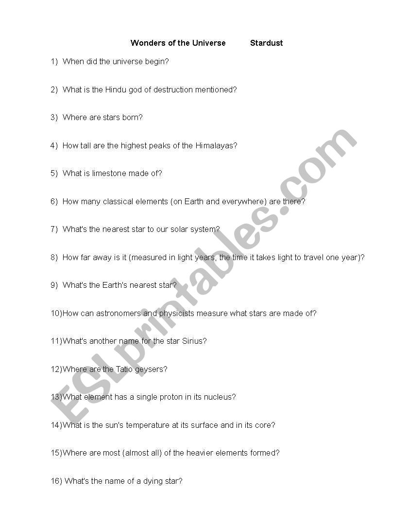 Stardust Student Worksheet (to go with BBC doco Episode 2, 2011, Prof. Brian Cox)