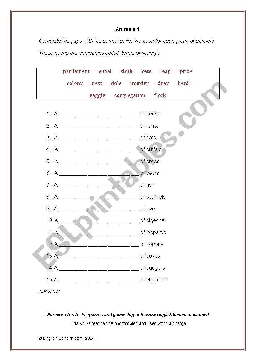 Animals worksheet