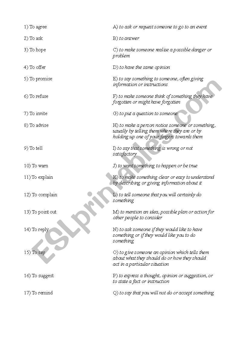 Reporting Verbs Match  worksheet