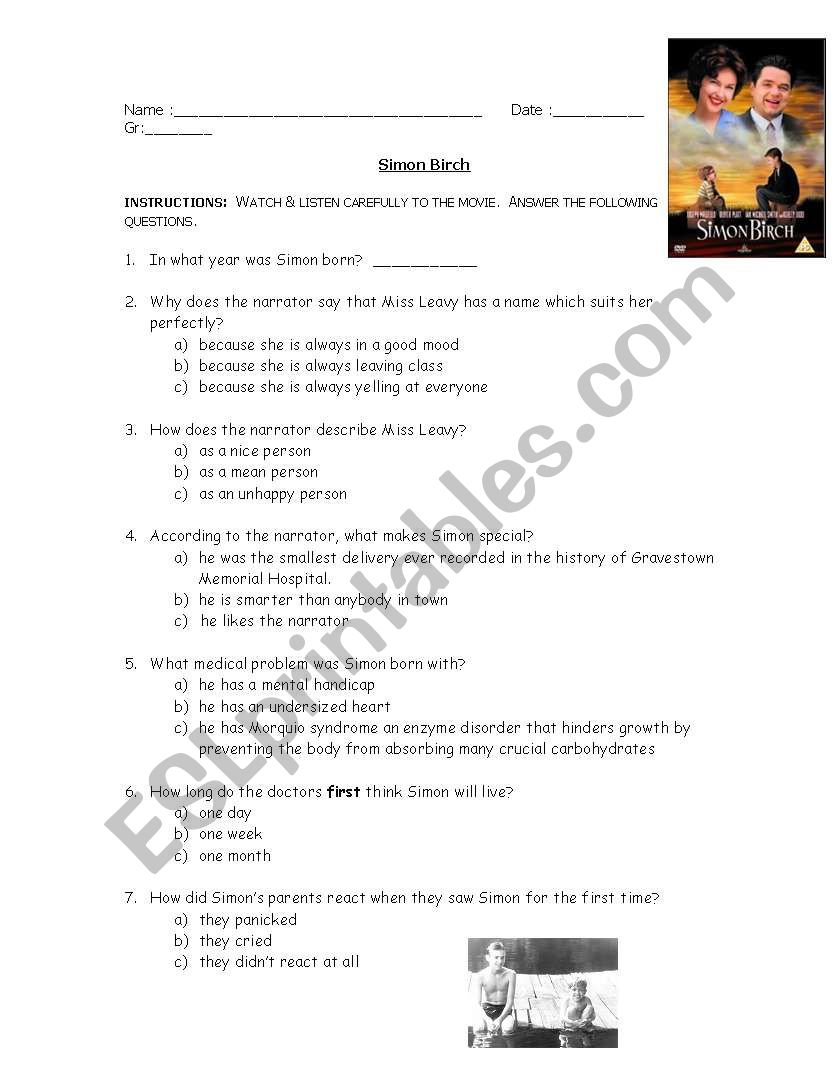 SIMON BIRCH the movie worksheet