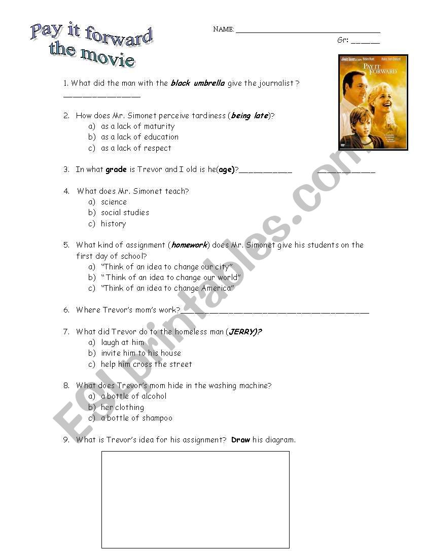 PAY IT FOWARD the movie worksheet