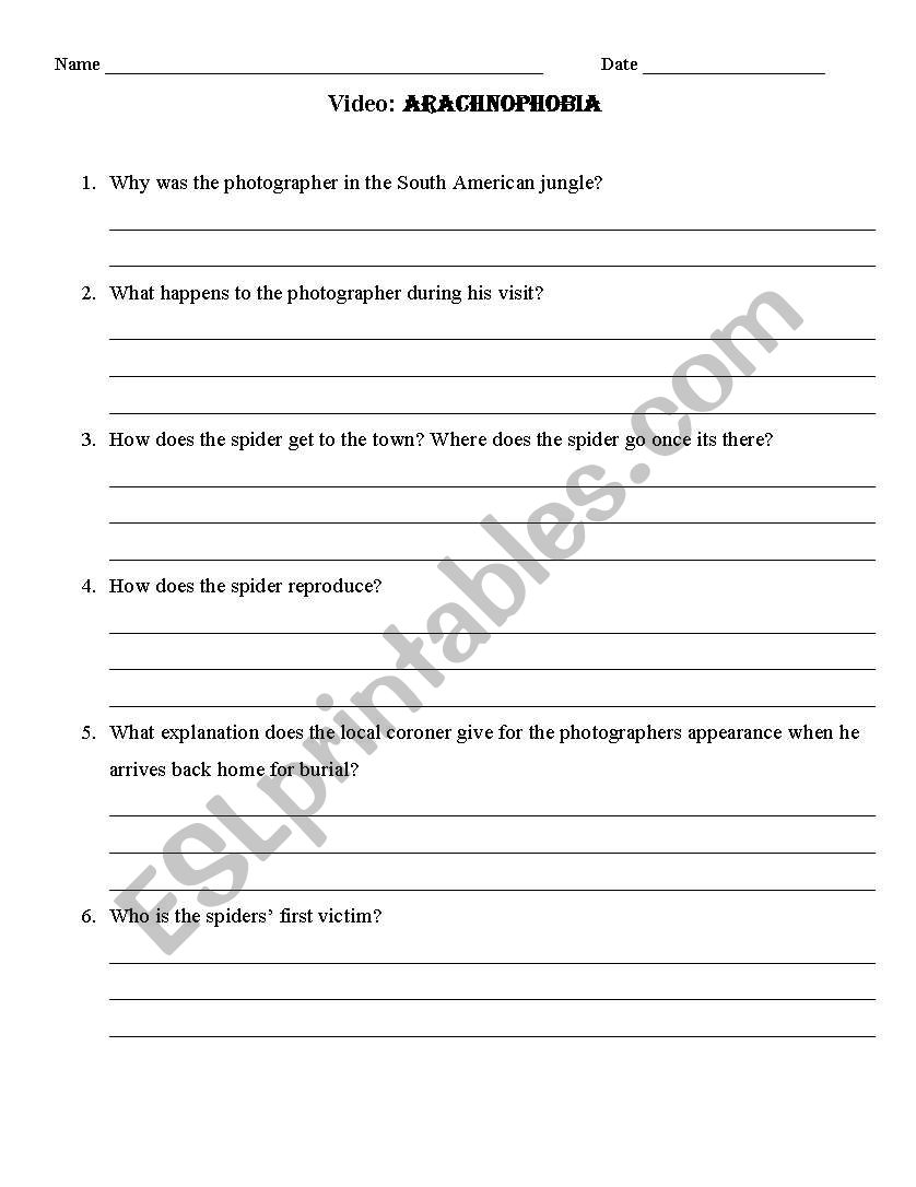 Arachnophobia worksheet