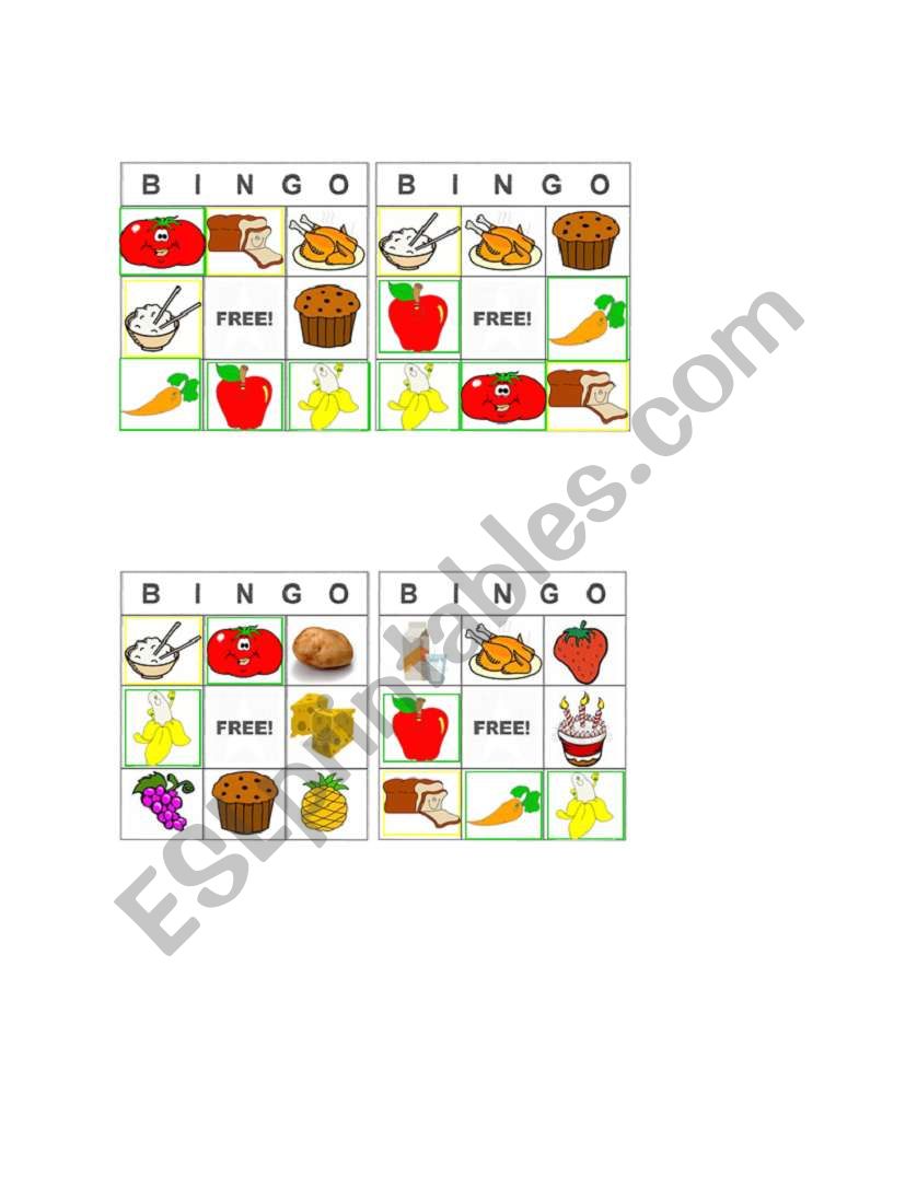 Bingo food worksheet