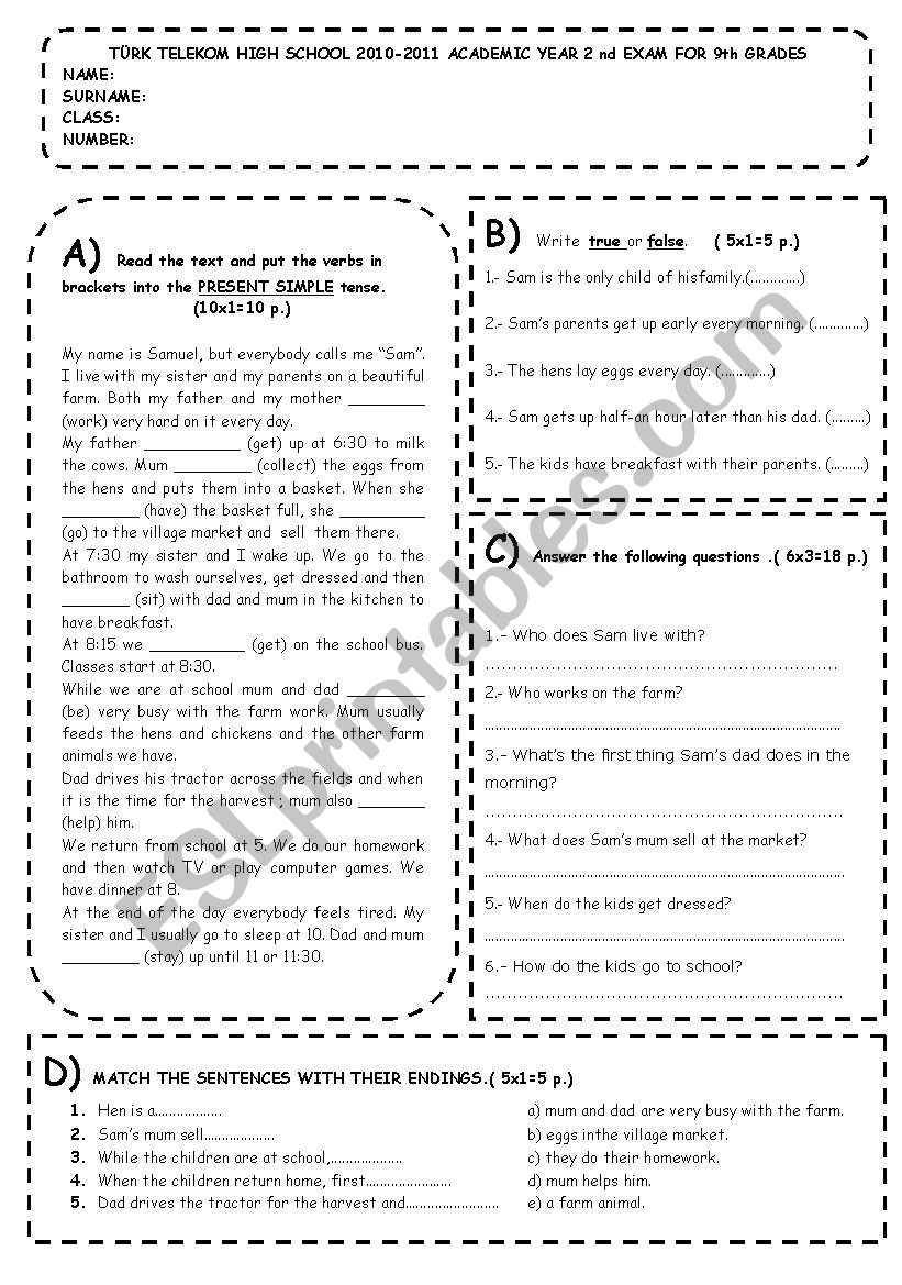 an exam for  9th grades worksheet