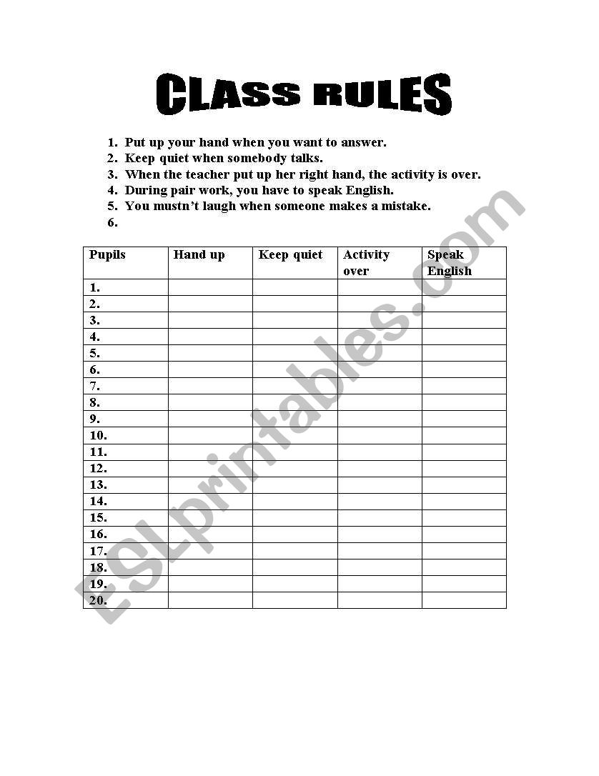 class rules worksheet