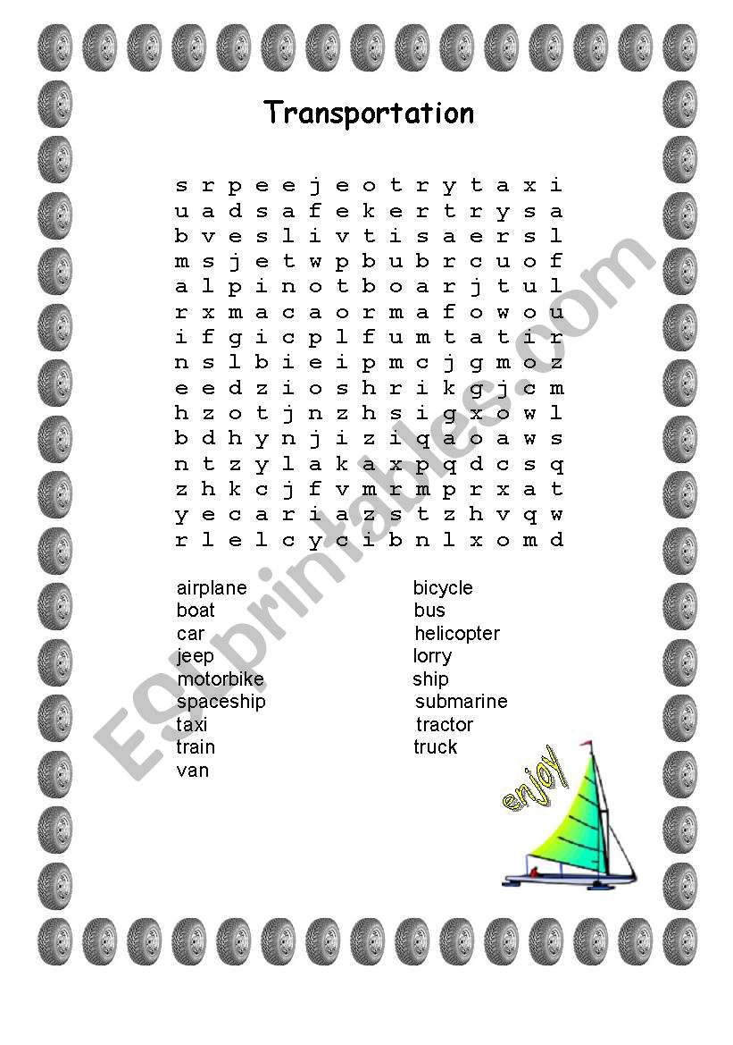 Transportation word search worksheet