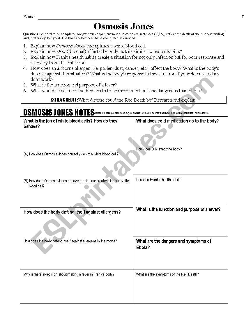 English worksheets: osmosis jones In Osmosis Jones Movie Worksheet