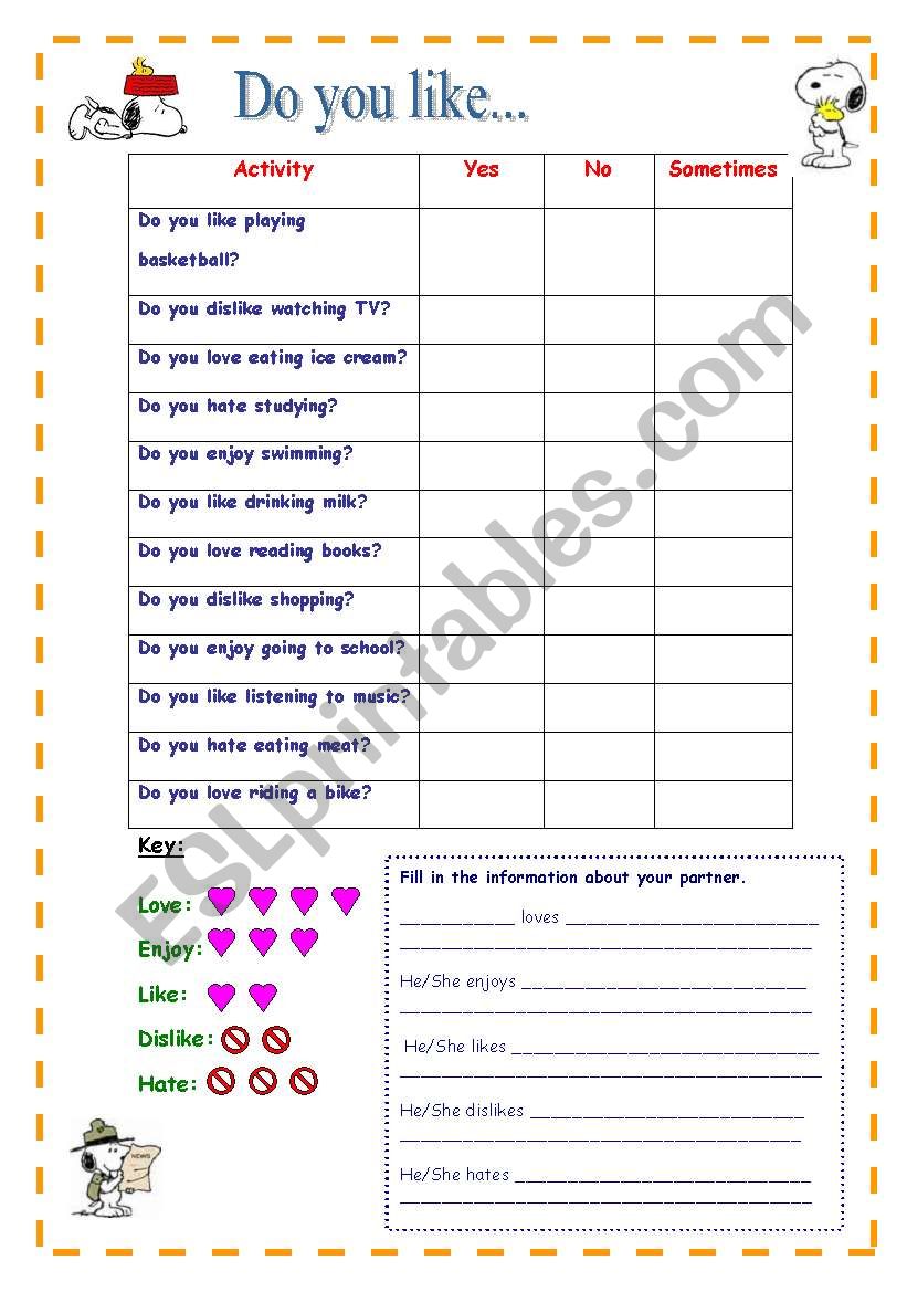 Do you like... 2 pages, pairs speaking activity