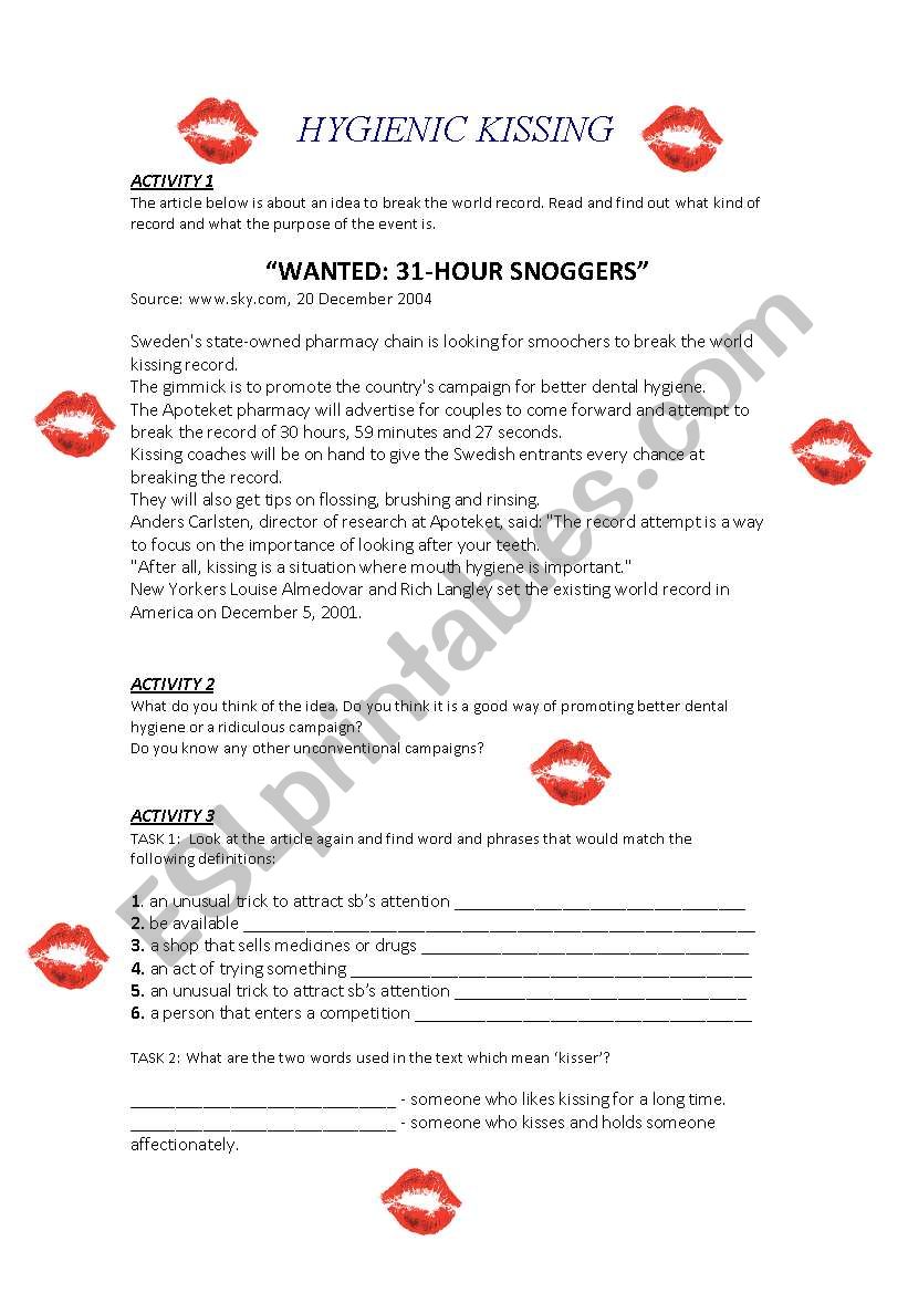 HYGENIC KISSING worksheet