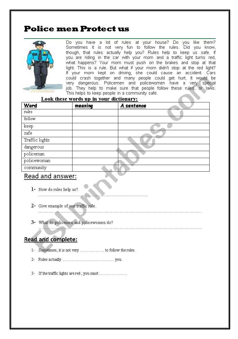 policemen protect us worksheet