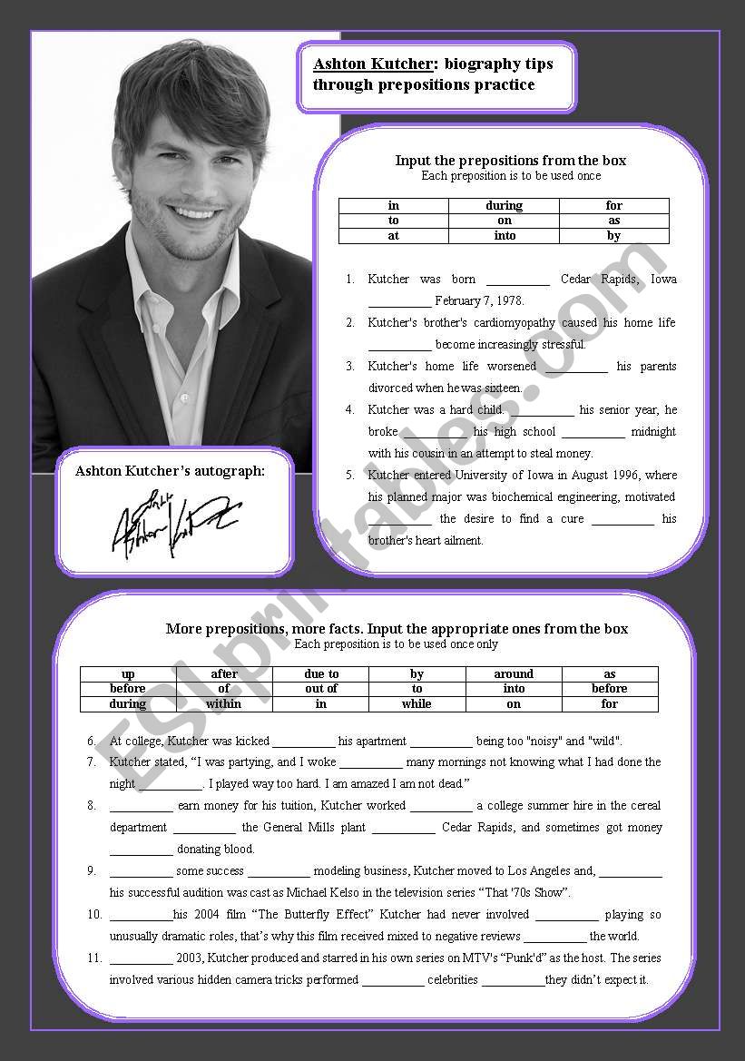 Ashton Kutcher: biogrpahy tips through prepositions practice Ashton Kutcher: biogrpahy tips through prepositions practice