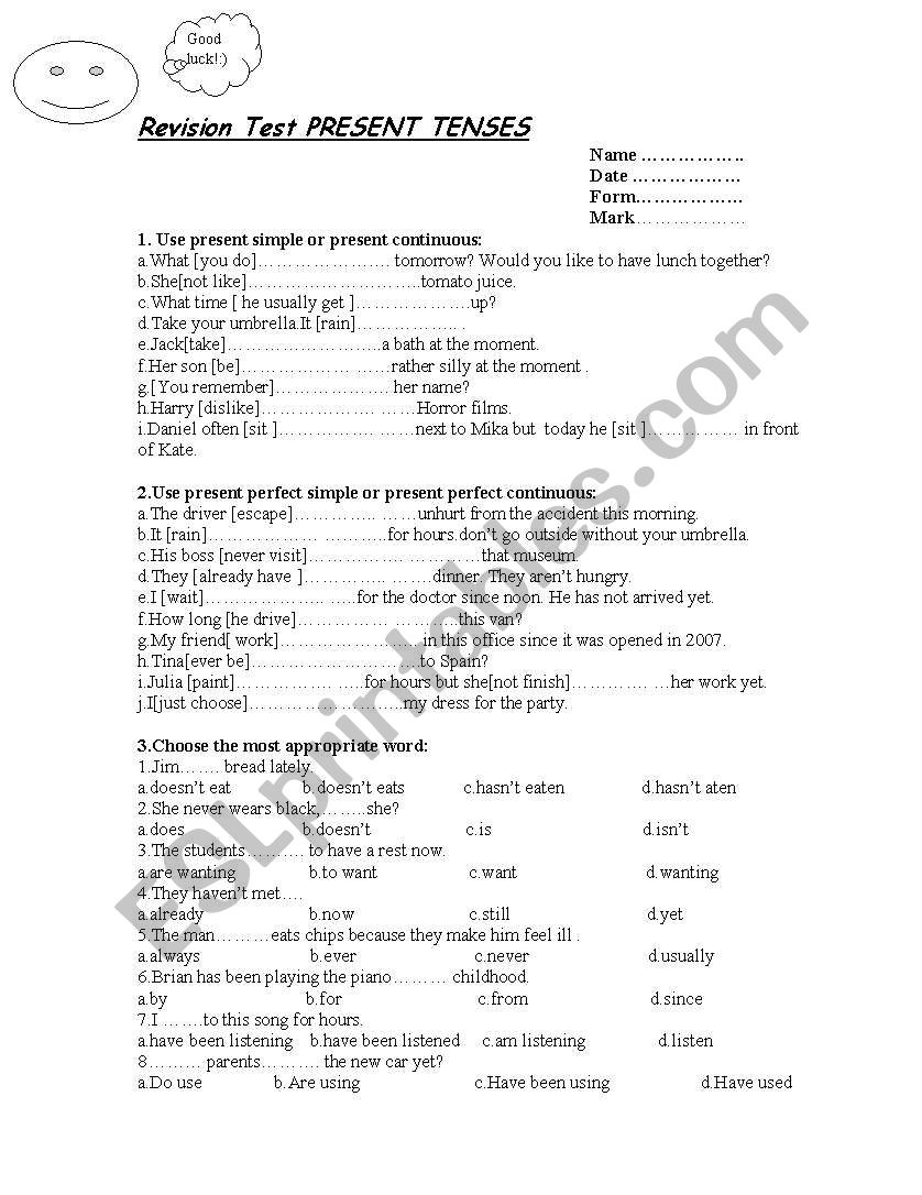 Present Tenses Revision Test worksheet